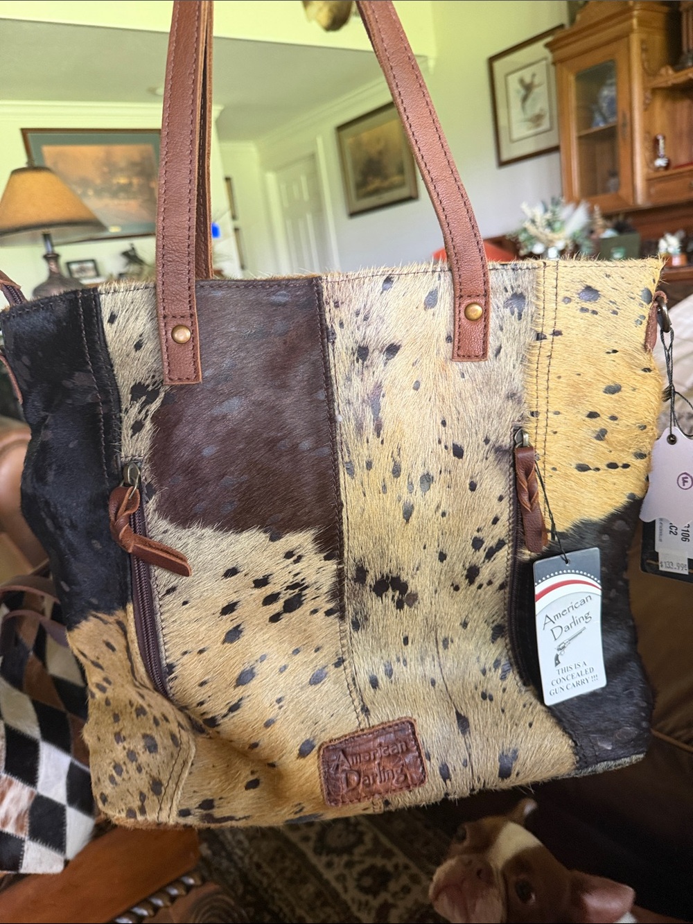 American Darling Concealed Brown and Cream Spotted Cowhide Tote/carry all.